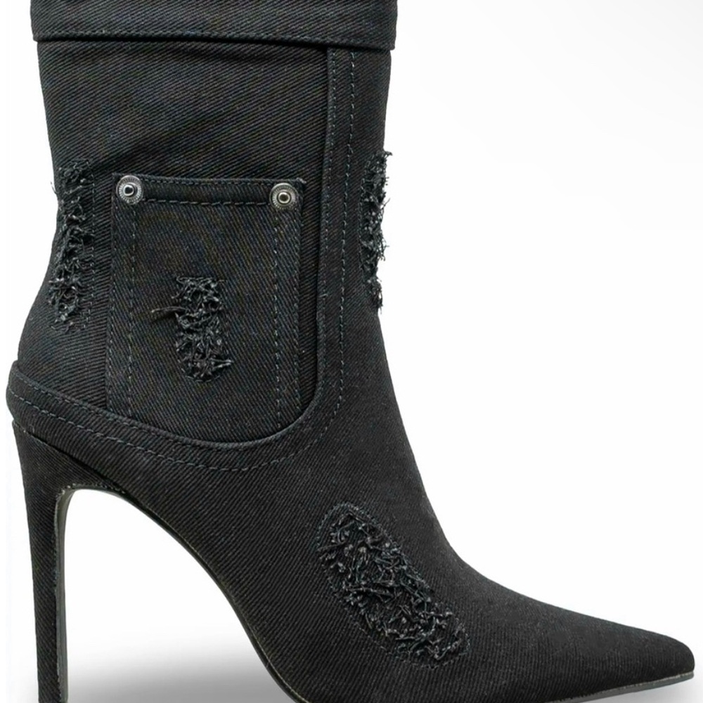 Pandora Ripped Denim Bootie
Black
NWB 
Size 6
4” Heel
6” Heel to Top